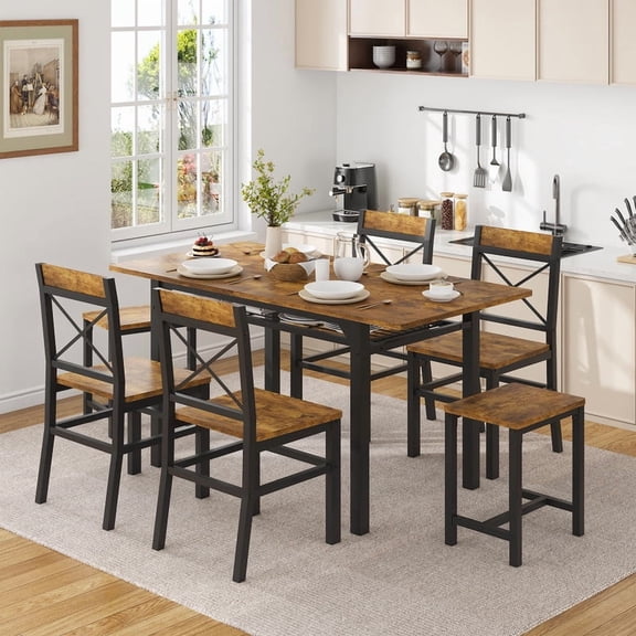 Bellemave Dining Table Set for 6 with 4 Chairs and 2 Stools, Farmhouse 7-Piece Kitchen Dining Room Furniture, Table Set with Wooden Tabletop & Metal Legs, Saving Space- Rustic Brown