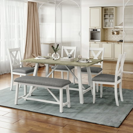 Bellemave Dining Table Set for 6, Include 1 Rectangular Kitchen Table and 4 Dining Chairs with Cushions and 1 Bench with Cushion, Wooden Modern Kitchen Dining Room Set (White)