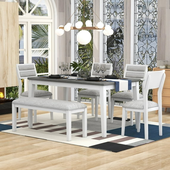 Bellemave Dining Table Set for 6, Includes Dining Table, 4 Upholstered Chairs & Bench, Wooden Classic and Traditional Style Dining Set for Living Room(White)