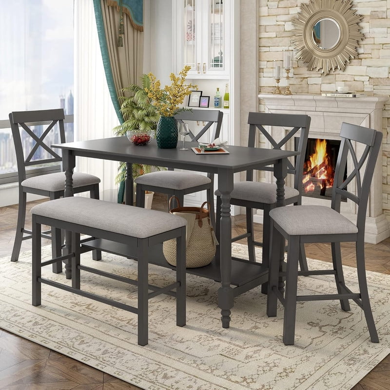 Bellemave Dining Table Set for 6, Wooden Height Kitchen Table Set ...
