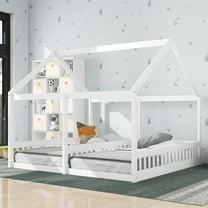 Bellemave Double Twin Bed, Wood Double House Bed for 2, Montessori Floor Beds Frame with Fence Railings and Slats, No Box Spring Needed (White）