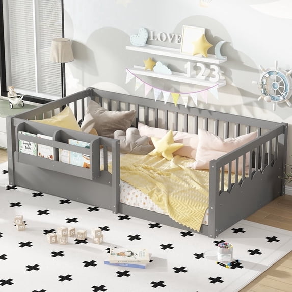 Bellemave Twin Size Floor Bed with Bookshelf and Rails, Montessori Bed Frame with Fence, Wood Twin Size Bed Easy Assemble(Gray)