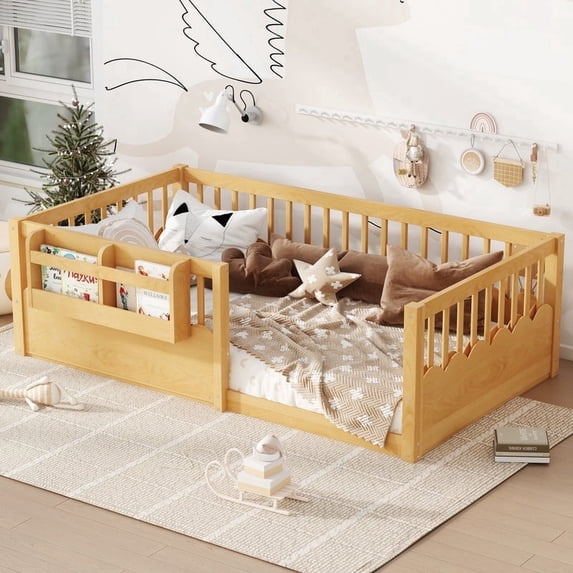 Bellemave Twin Size Floor Bed with Bookshelf and Rails, Montessori Bed Frame with Fence, Wood Twin Size Bed Easy Assemble(Natural)