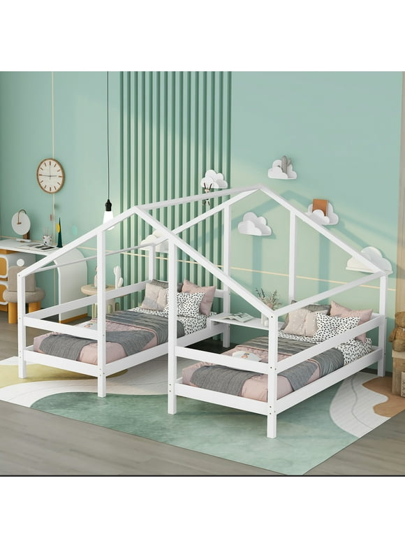 Bellemave Double Twin Size House Bed, Wooden Triangular Platform Bed Built-in Table for 2 Kids, 2 Beds in 1 for Girls or Boys (White)