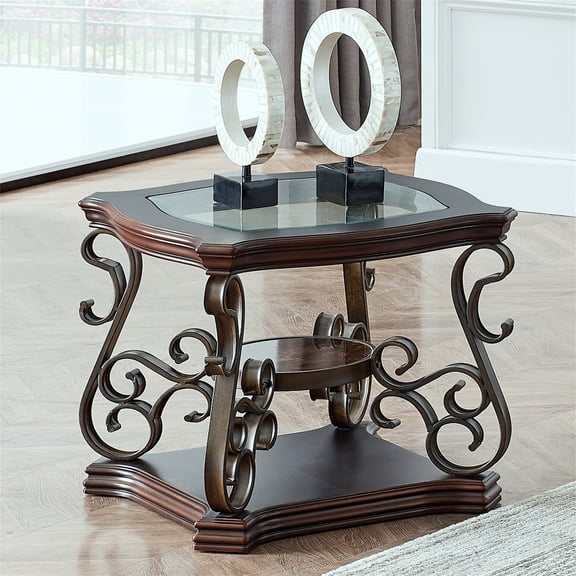 Bellemave End Table with Glass Table Top, MDF W/Marble Paper Middle Shelf, Powder Coat Finish Metal Legs Side Table for Living Room, Bedroom(Brown)
