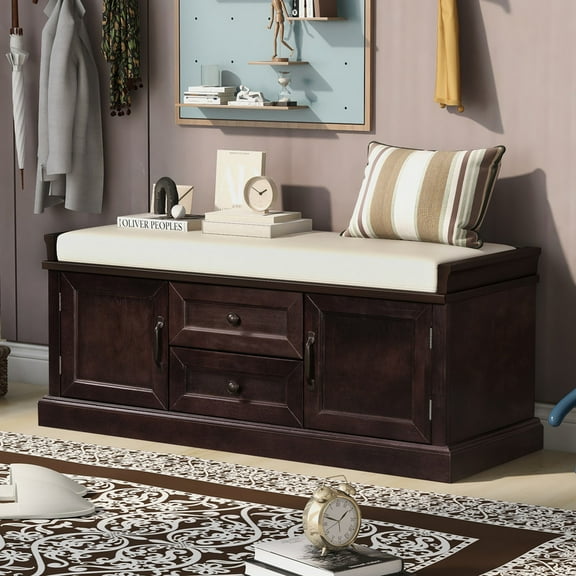 Bellemave Entry Storage Bench with Cushion, Shoe Bench with 2 Drawers and 2 Cabinets, Wooden Organizer Storage Bench for Entry/Bedroom/Closet/ Living Room/Hallway(Espresso)