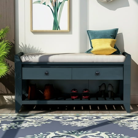 Bellemave Entryway Storage Bench with Cushioned Seat, Multipurpose Wooden Shoe Rack with 2 Drawers and Shelf Cabinet, for Hallway, Living Room(Antique Navy)
