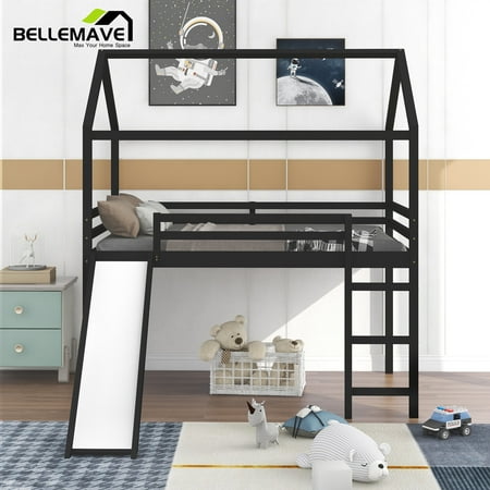 Bellemave Espresso Full Size Loft Bed with Slide Wood House Loft Bed with Roof, Slide and Ladder, Teen, Bedroom