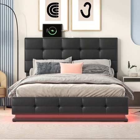 Bellemave FULL Size LED Platform Bed with Hydraulic Storage System and USB Charger,Solid Wooden Slat Support, No Box Spring Needed(Black)