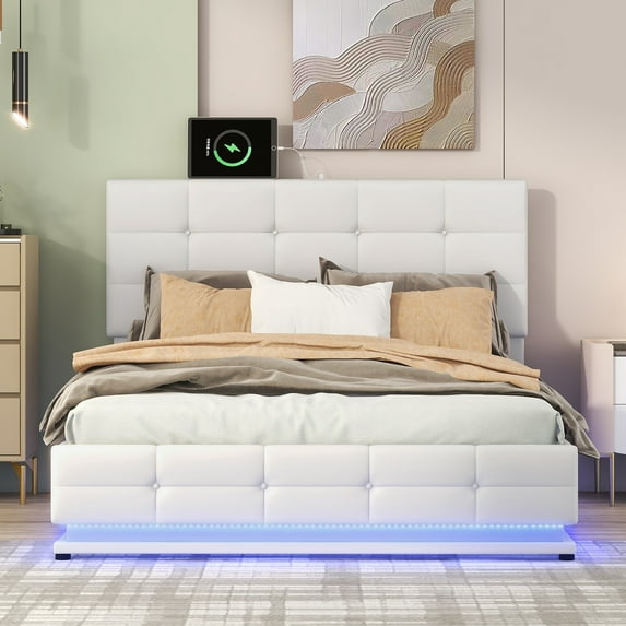 Bellemave FULL Size LED Platform Bed with Hydraulic Storage System and USB Charger,Solid Wooden Slat Support, No Box Spring Needed(White)