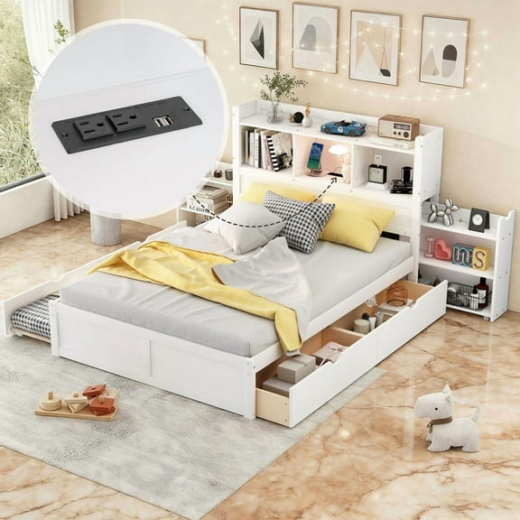 Bellemave FUll Size Platform Bed with Trundle, Wood Platform Bed with Drawers, Shelves, Bookcase Headboard, Charging Station for Teens, White