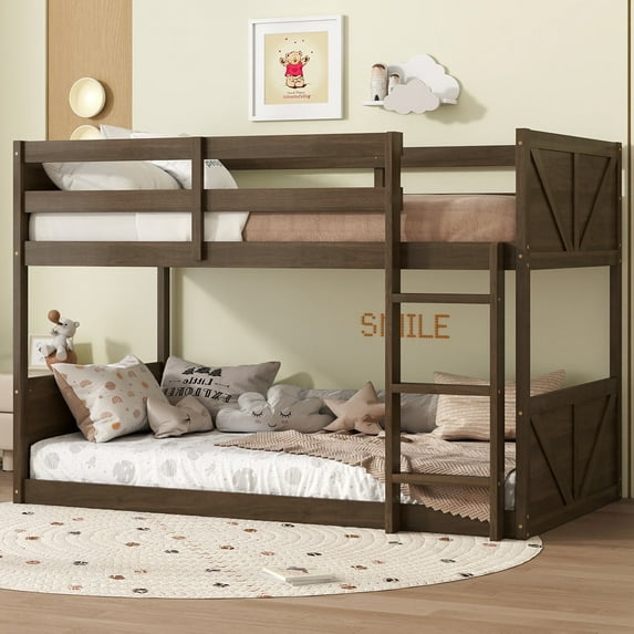 Bellemave Farmhouse Twin over Twin Floor Bunk Bed with Headboard and Footboard Solid Rubber Wood Bunk Bed Frame with Safety Guardrails and Ladder, Antique Dark Oak