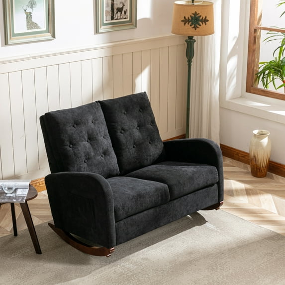 Bellemave Fashion Double Rocking Sofa with High Backrest and Pocket, Rocker Chair with Spacious Wing-back and Padded Seat for Living Room, Bedroom, Nursery(Black)