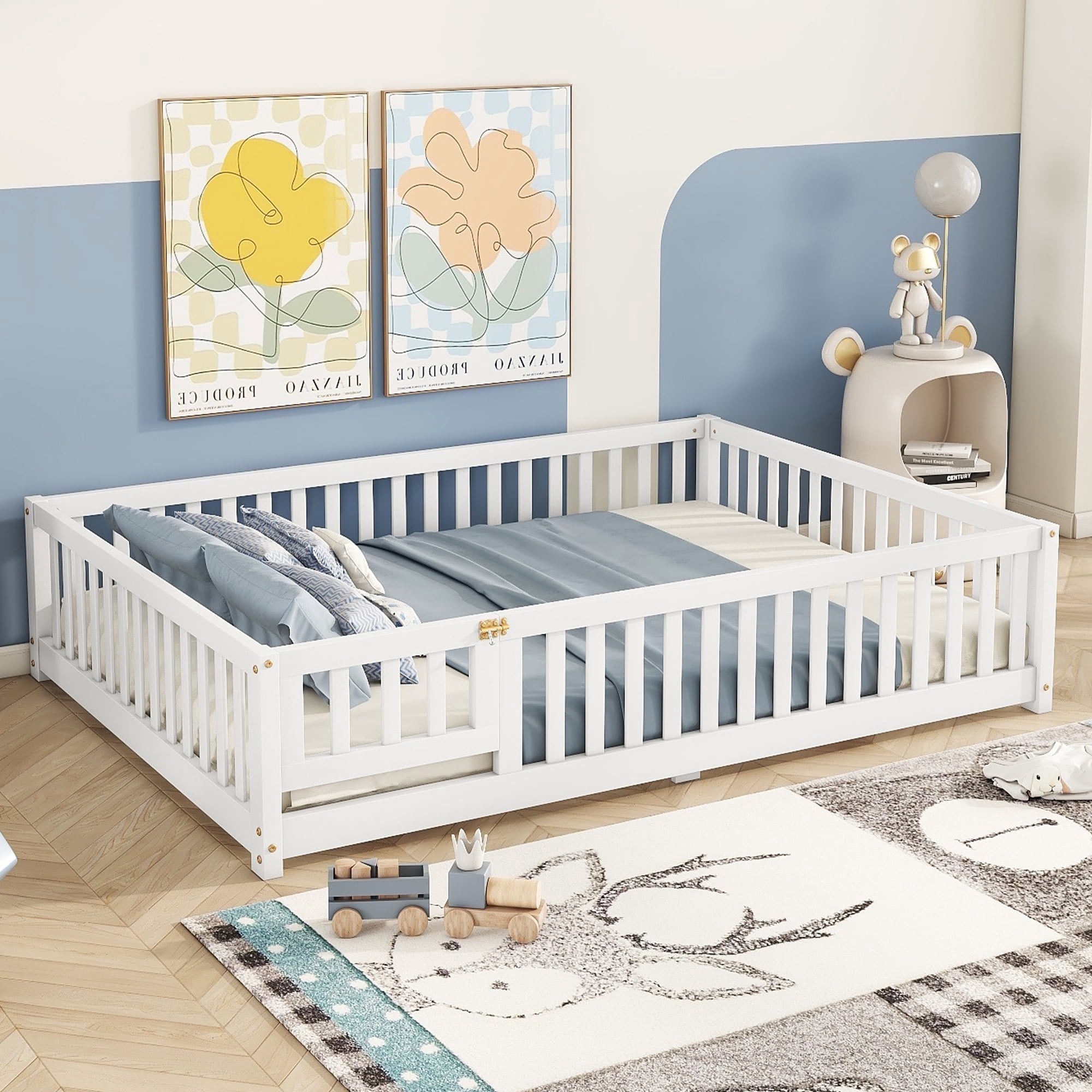 Bellemave Floor Bed with Door and Fence, Full Floor Bed with Bed Slats Sturdy Wood Floor Bed Montessori Bed Frame, Full Size Floor Bed with Fence, White