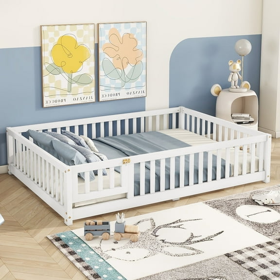 Bellemave Floor Bed with Door and Fence, loor Bed with Bed Slats Sturdy Wood Floor Bed Montessori Bed Frame, White