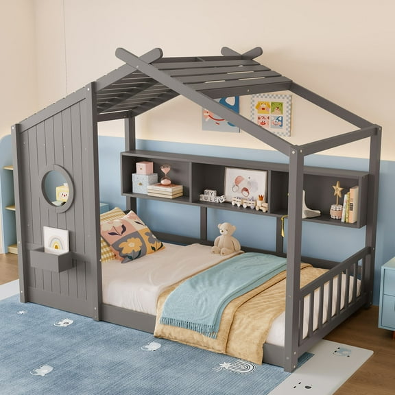 Bellemave Floor House Bed with Storage Shelf, Wood Twin Size Montessori Bed with Fence, Playhouse Beds Frame Can be Decorated, No Box Spring Needed（Gray)