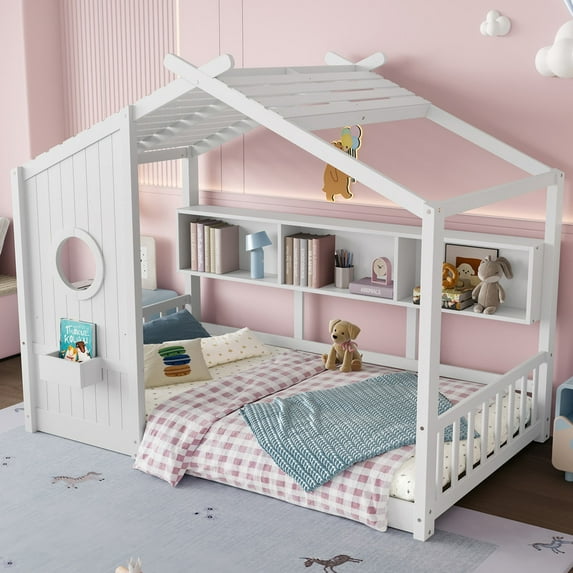 Bellemave Floor House Bed with Storage Shelf, Wood Twin Size Montessori Bed with Fence, Playhouse Beds Frame Can be Decorated, No Box Spring Needed(White)
