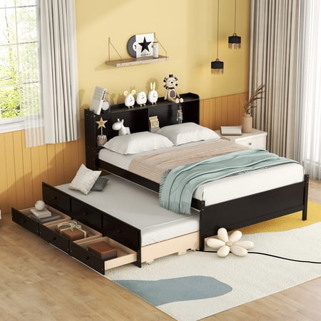 Bellemave Full Bed with Storage Drawers and Trundle, Wooden Twin Size Platform Bed with Bookcase Headboard, Twin Storage Bed and Trundle Bed for Kids Teens Adults (Full,Espresso)
