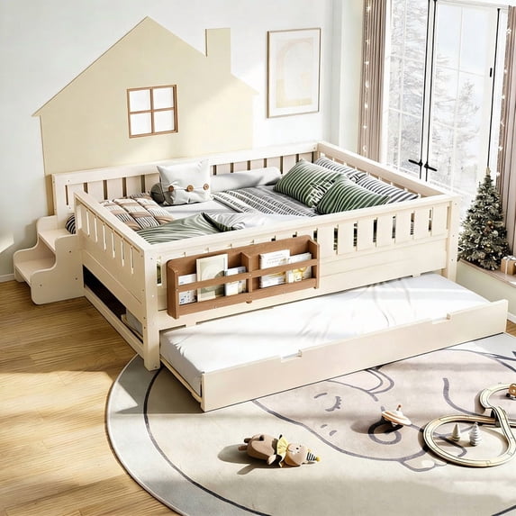Bellemave Full Bed with Trundle and Small Stairs, Full Size Platform Bed Frame with Rail and Bookshelf, Wooden Montessori Floor Bed No Box Spring Needed,Beige