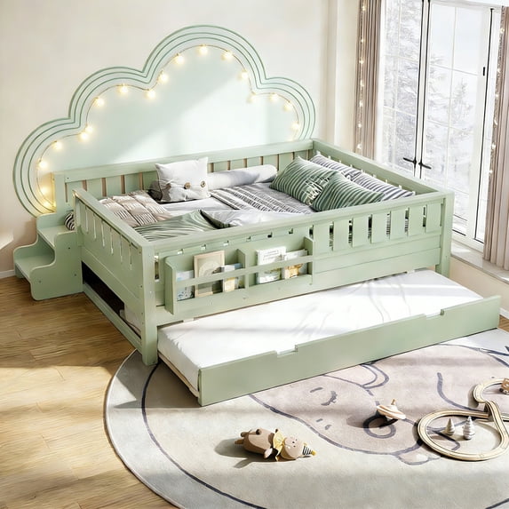 Bellemave Full Bed with Trundle and Small Stairs, Full Size Platform Bed Frame with Rail and Bookshelf, Wooden Montessori Floor Bed No Box Spring Needed,Green
