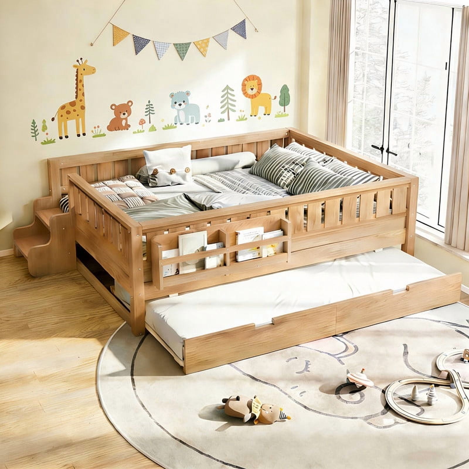 Bellemave Full Bed with Trundle and Small Stairs, Full Size Platform Bed Frame with Rail and Bookshelf, Wooden Montessori Floor Bed No Box Spring Needed,Natural