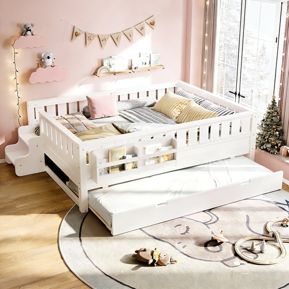 Bellemave Full Bed with Trundle and Small Stairs, Full Size Platform Bed Frame with Rail and Bookshelf, Wooden Montessori Floor Bed No Box Spring Needed,White