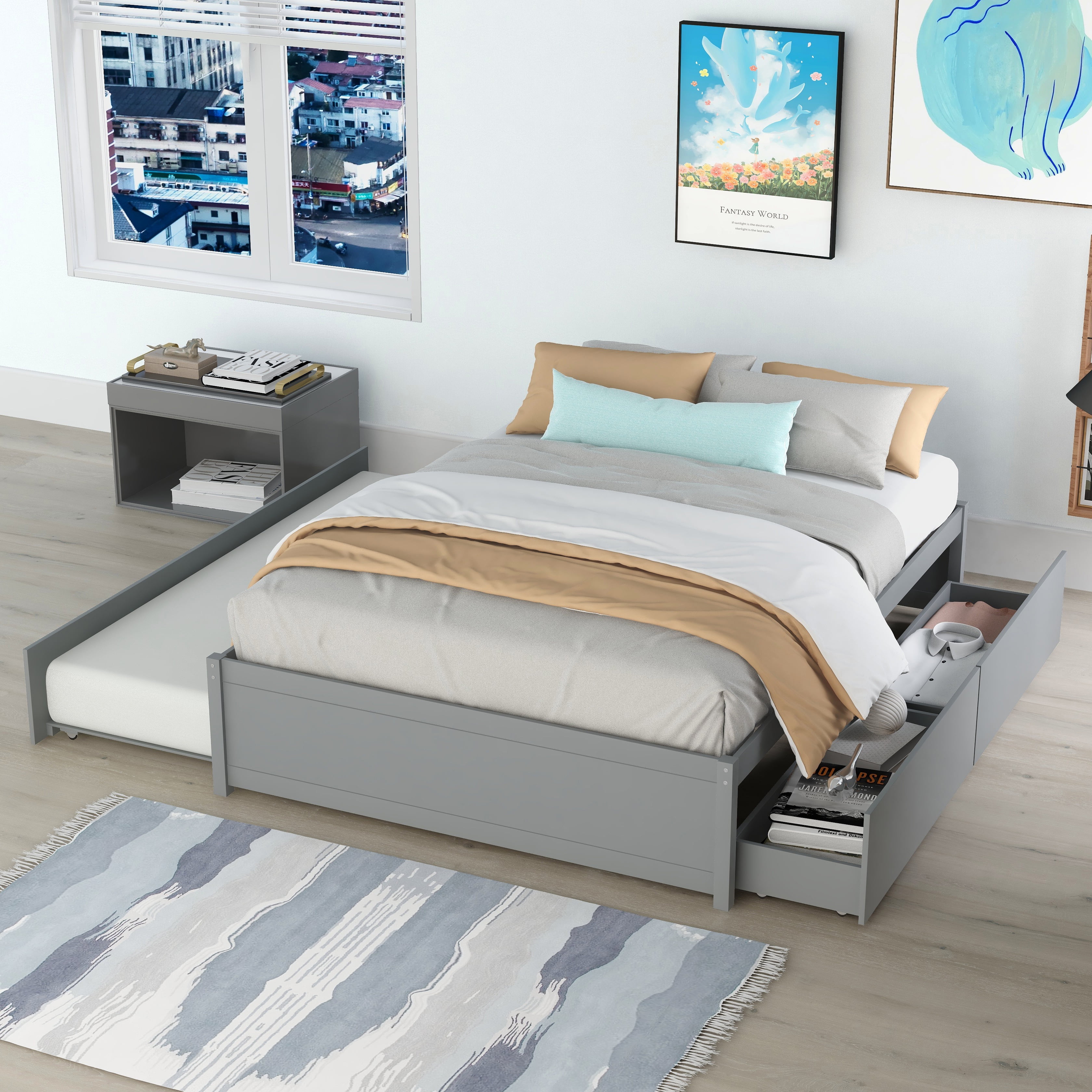 Bellemave Full Bed with Trundle and Storage, Solid Wood Full Size