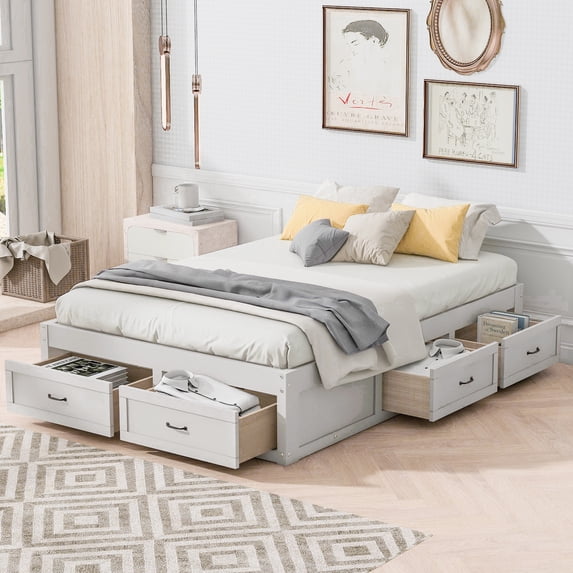 Bellemave Full Beds with 6 Storage Drawers, Wood Full Size Platform Bed Frame with Wood Slat Support, Rustic Style Storage Bed Frame Noise-Free, No Box Spring Needed(Antique White)