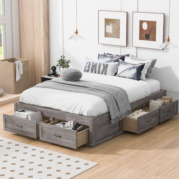 Bellemave Full Beds with 6 Storage Drawers, Wood Full Size Platform Bed Frame with Wood Slat Support, Rustic Style Storage Bed Frame Noise-Free, No Box Spring Needed(Antique Gray)
