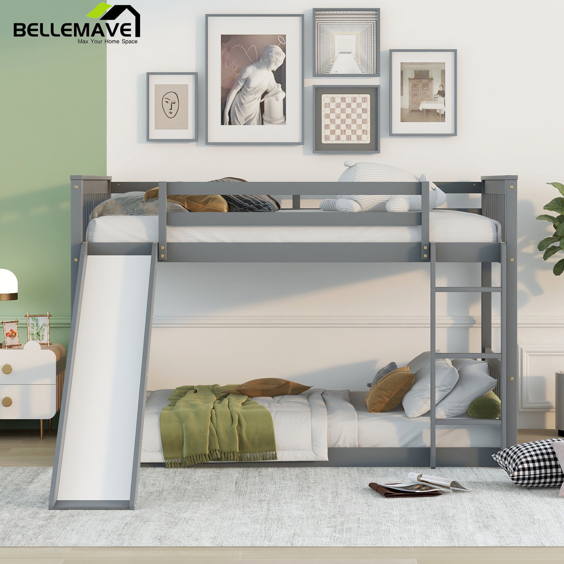 Bellemave Kids Full over Full Bunk Bed with Slide, Underneath Storage ...