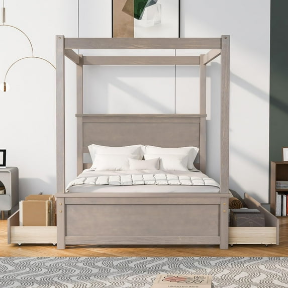 Bellemave Full Canopy Platform Bed Frame with 4 Drawers,Full Size Four-Poster Bed Frame with Headboard and Footboard,Canopy Bed for Small Space(Brushed Light Brown)