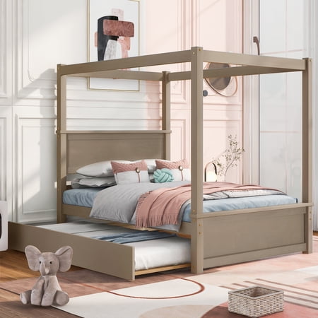 Bellemave Full Canopy Platform Bed Frame with Trundle,Full Size Four-Poster Bed Frame with Headboard and Footboard,Canopy Bed for Small Space(Brushed Light Brown)
