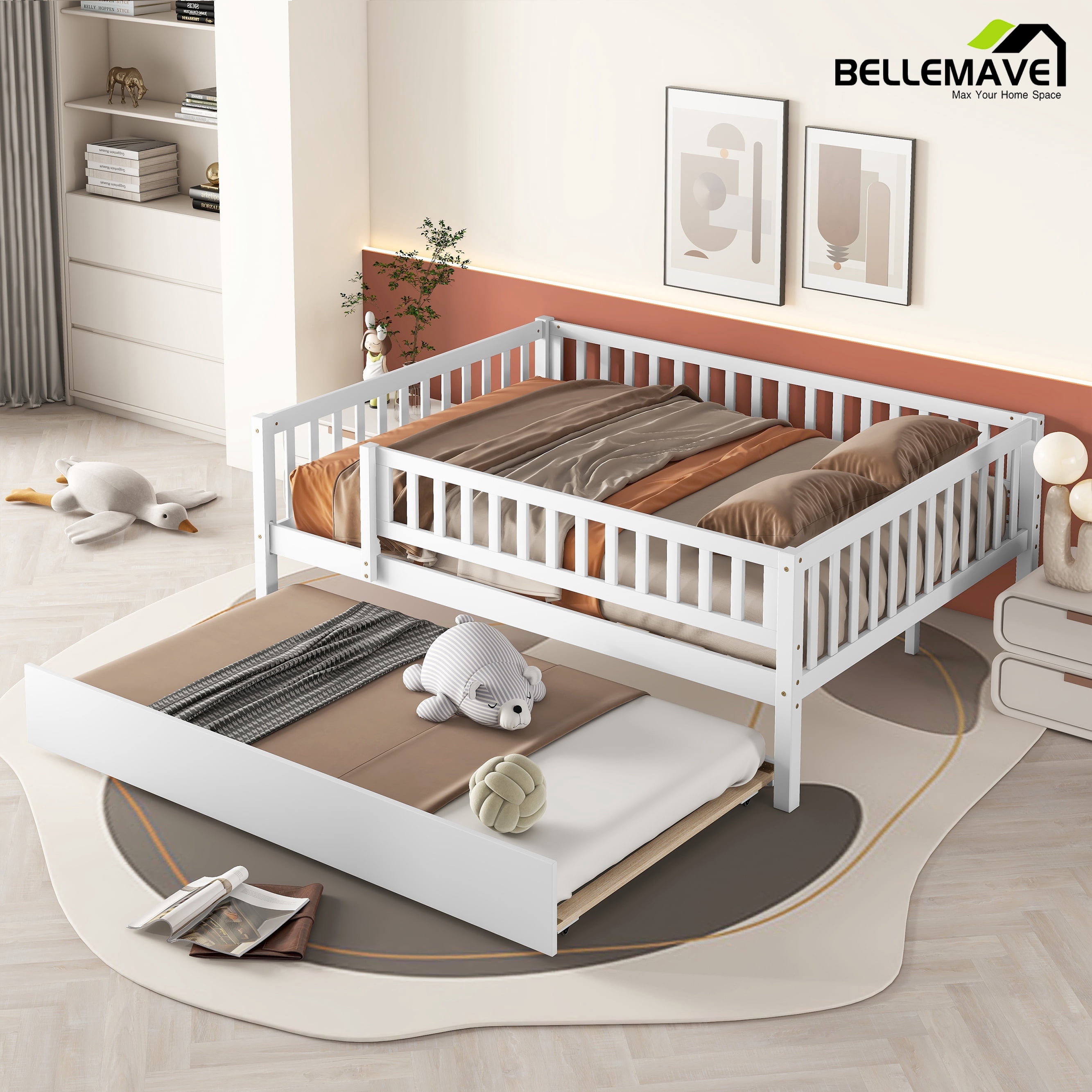 Bellemave Full Daybed Frame with Trundle Bed Full Wood Platform Bed with Fence Guardrails for Teens, No Box Spring Needed, Full Size, White