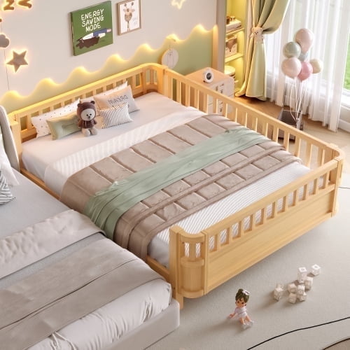 Bellemave Full Size Bed Frame, Full Montessori Bed with Safety Guardrails and Detachable Fence, Wooden Platform Bed Full Daybed Frame, Low Profile & Rounded Corners Design, Natural