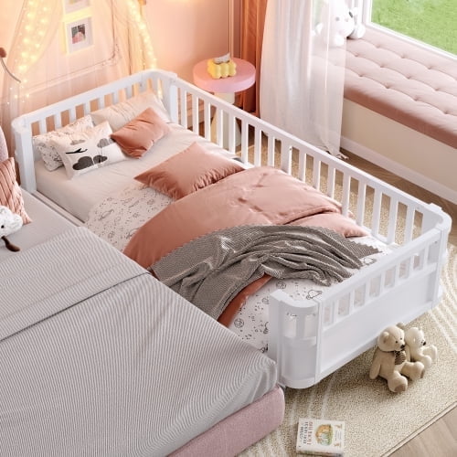 Bellemave Twin XL Size Bed Frame, Twin XL Montessori Bed with Safety Guardrails and Detachable Fence, Wood Twin XL Daybed Frame, Low Profile & Rounded Corners Design, White
