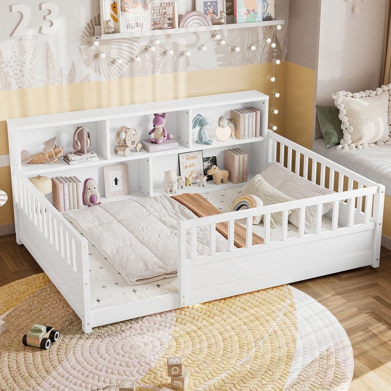Bellemave Full Montessori Bed with Storage Shelves, Wood Floor Bed with High Rail and Bookcase, Easy Assemble Full Size Beds Frame(White)