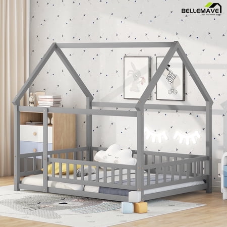 Bellemave Full Floor Bed, Wood Full Size House Bed Frame with Fence, Montessori Floor Bed for Bedroom (White)