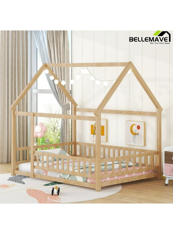 Bellemave Full Floor Bed for Kids, Wood Full Size House Bed Frame with Fence, Montessori Toddler Bed for Kids Girls Boys Teens（Natural)