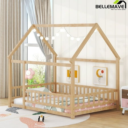 Bellemave Full Floor Bed, Wood Full Size House Bed Frame with Fence, Montessori Floor Bed for Bedroom(Natural) price history and forecast - Bellemave HJ00017NA