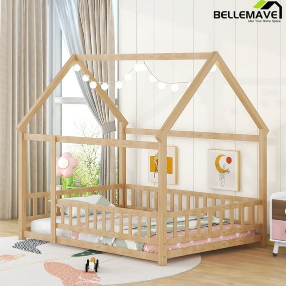 Bellemave Full Floor Bed, Wood Full Size House Bed Frame with Fence, Montessori Floor Bed for Bedroom(Natural)