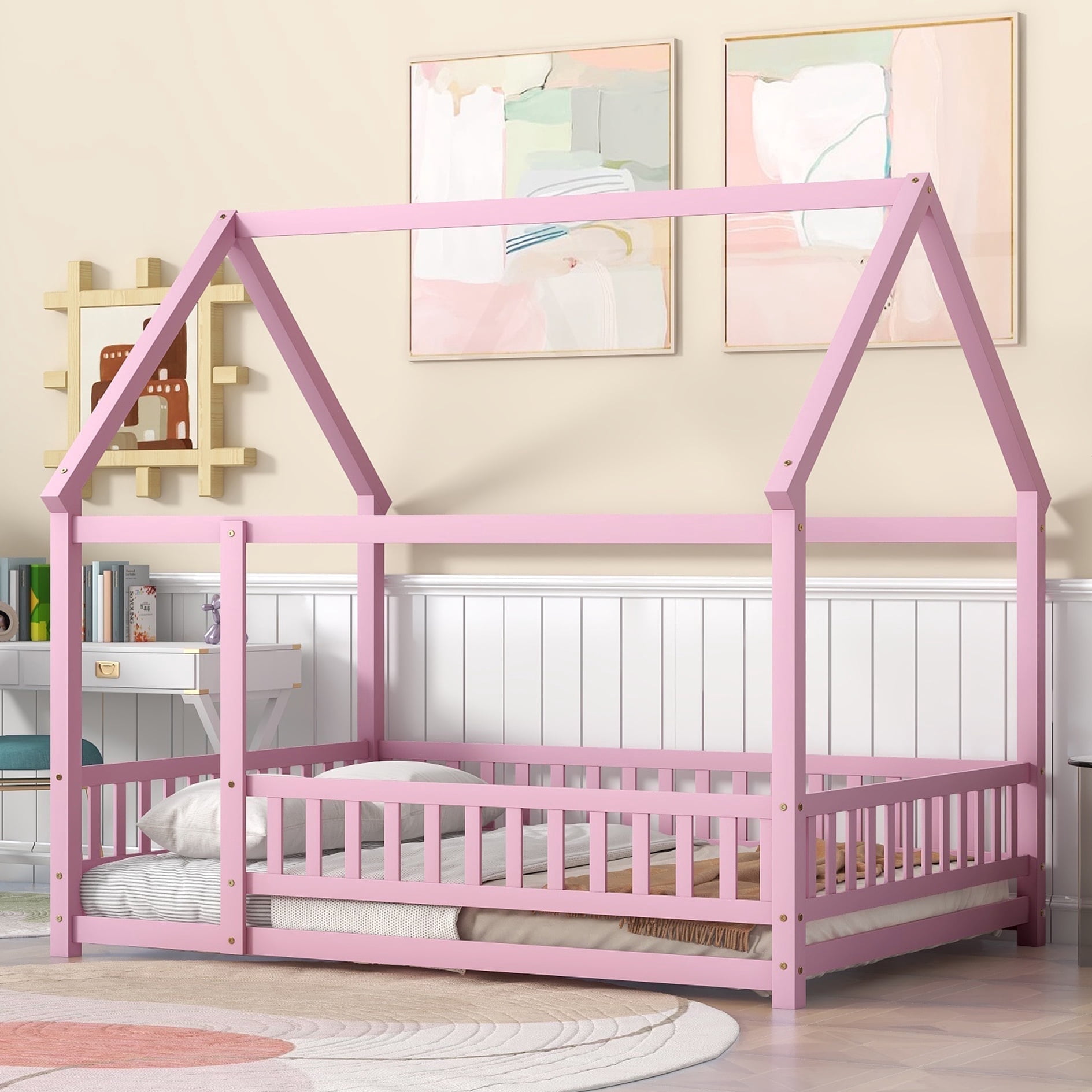 Bellemave Full Floor Bed, Wood Full Size House Bed Frame with Fence, Montessori Floor Bed for Bedroom（Pink)