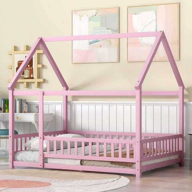 Bellemave Full Floor Bed, Wood Full Size House Bed Frame with Fence, Montessori Floor Bed for Bedroom(Pink)