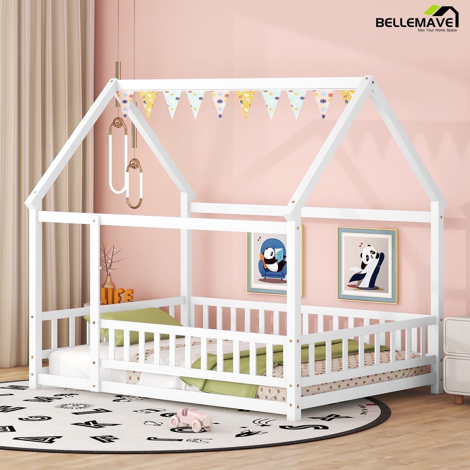 Bellemave Full Size Kids Floor Bed, Wooden Frame with Fence, Montessori