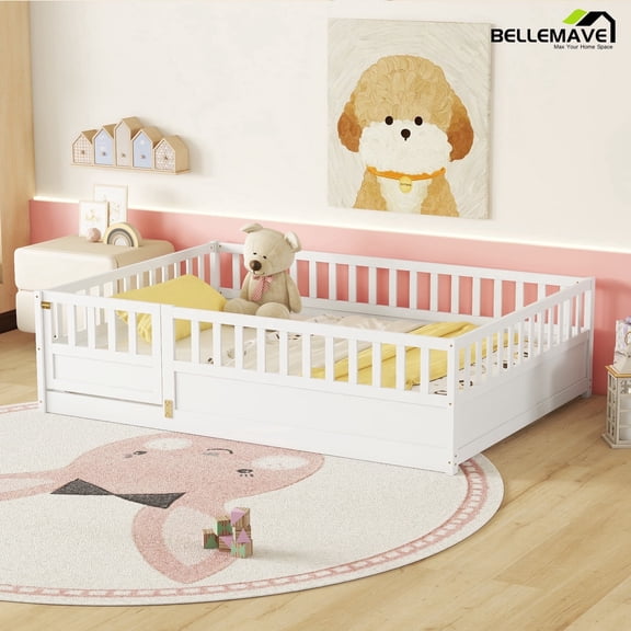 Bellemave Full Floor Bed with Door and High Fence, Montessori Floor Bed with Guardrails, Solid Wood Toddler Bed with Slats, Easy Assembly, White