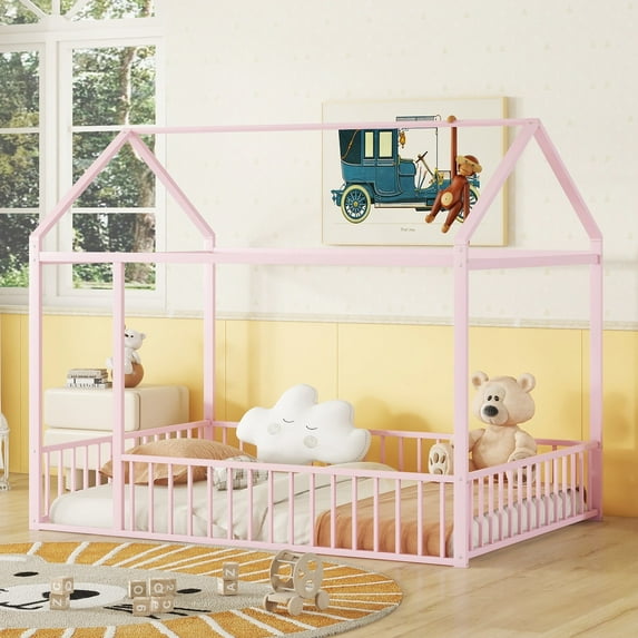 Bellemave Full Floor House Bed Metal House-shaped Bed Frame with Fence Rails Full Size Floor Bed with Roof Metal House Bed for Teens (Pink)