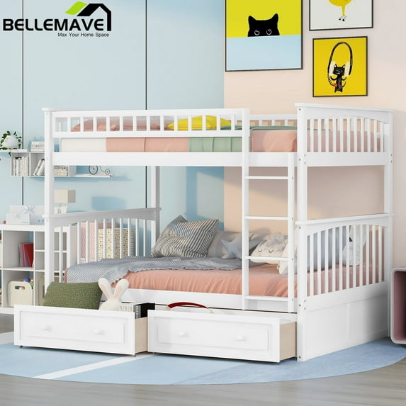 Bellemave Full Over Full Bunk Bed with 2 Storage Drawers,Wooden Bunk Bed Frame with Guardrails for Bedroom, Can be Convertible into 2 Beds (White)