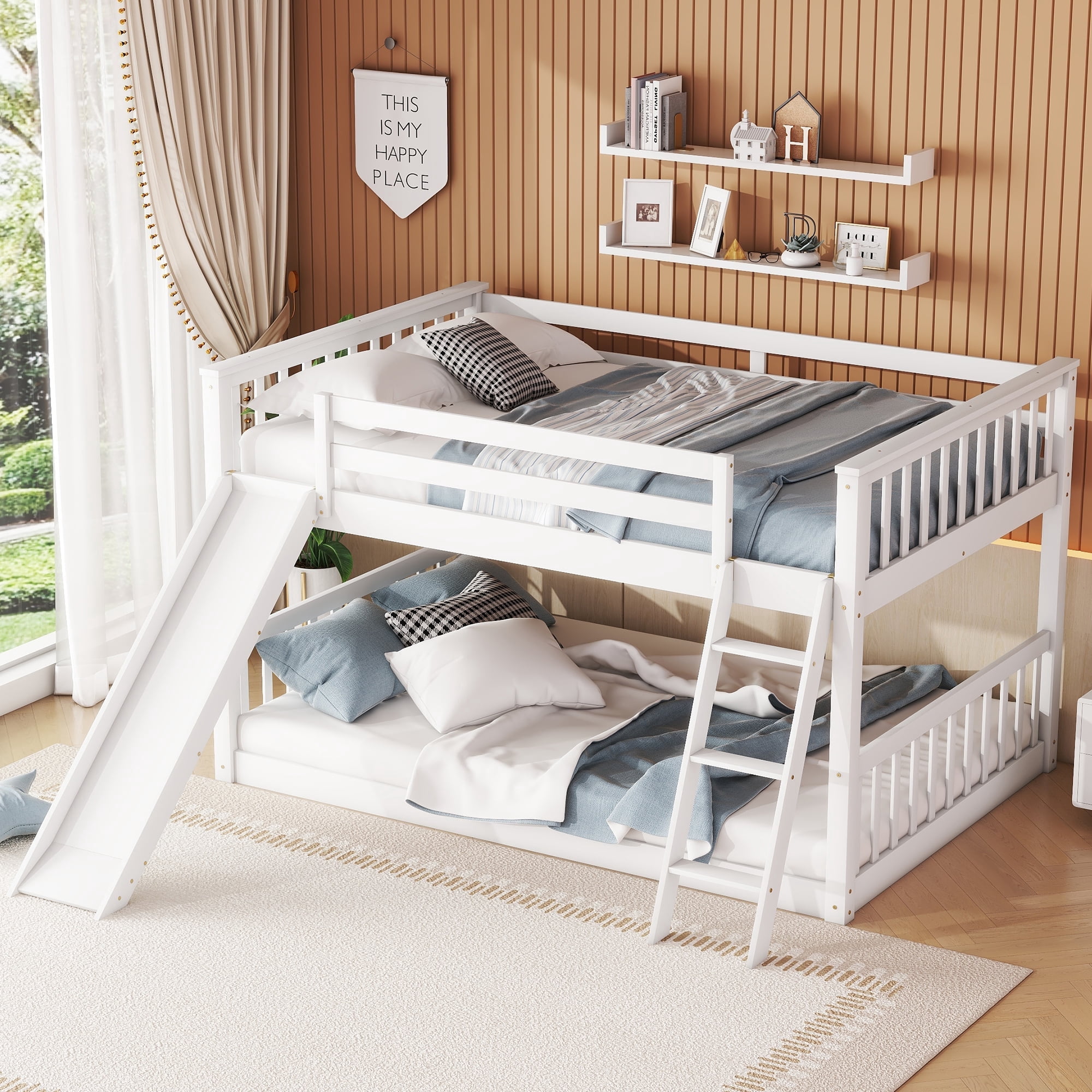 Bellemave Full-Size Wood Bunk Bed with Slide and Ladder for Kids, White ...