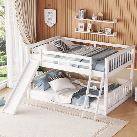 Bellemave Full Over Full Bunk Bed with Slide and Ladder Wood Floor Bunk Bed with Headboard Full Size Low Bunk Bed Frame No Box Spring Needed, White