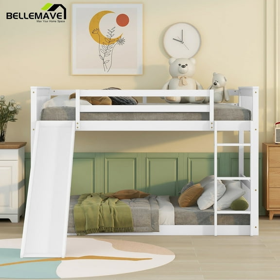 Bellemave Full over Full Bunk Bed with Slide Wood Full Size Loft Bed Frame with Safety Guardrails and Ladder 2 in 1 Low Floor Bunk Bed, White