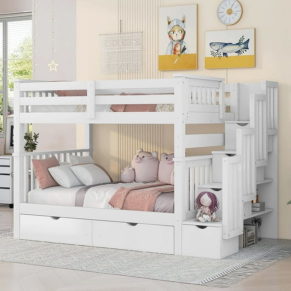 Bellemave Full Over Full Bunk Bed with Stairs and 6 Storage Drawers, Solid Wooden Detachable Bunk Bed Frame with Storage Shelves for Teens Adults (White)